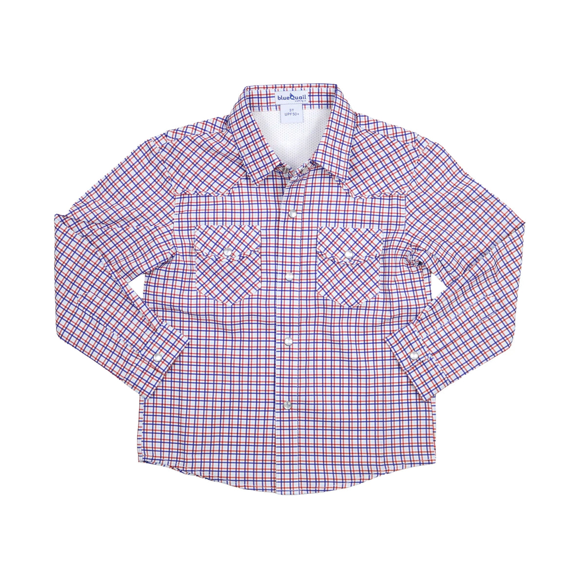 A long-sleeve western-style plaid shirt by Lee Cooper, featuring a red, blue, and white checkered pattern, two buttoned chest pockets, and a pointed collar, laid flat on a white background.