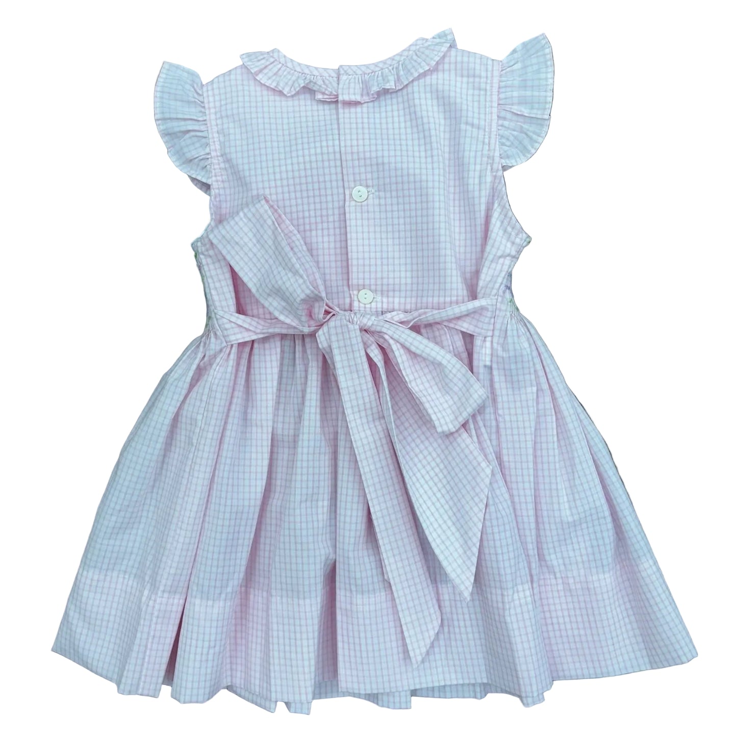 Back of Pink Gingham dress with ruffle and bow detail.