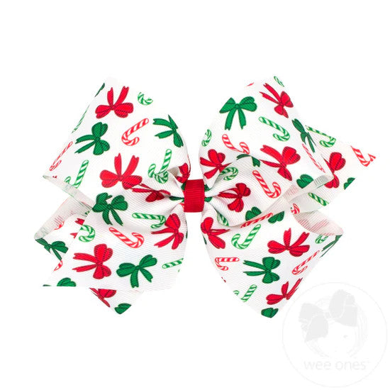 Red Green Candy Cane Print Grosgrain Hair Bow