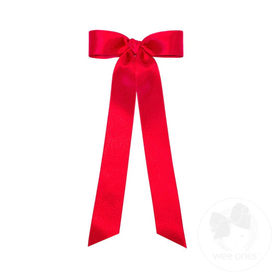 Mini French Satin Hair Bowtie with Knot Wrap and Streamer Tails - Red