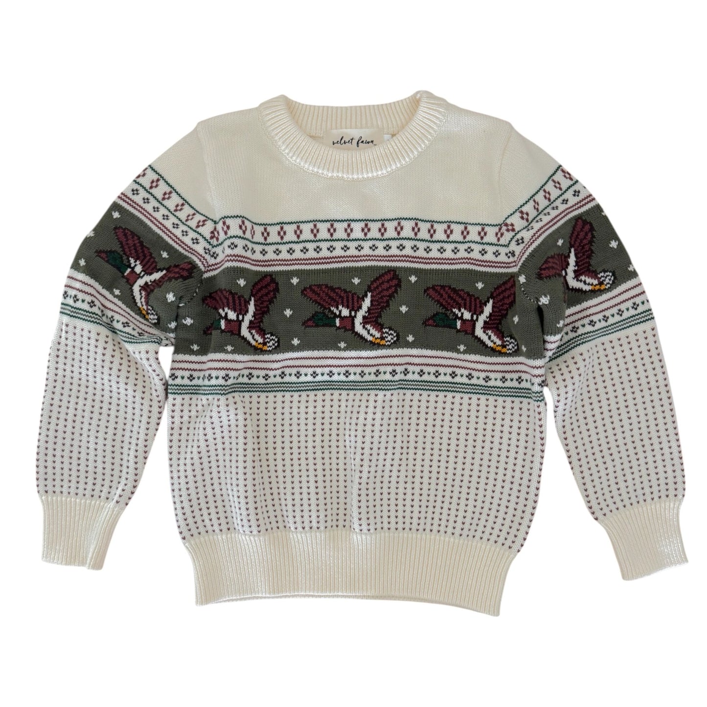 Sweater with flying duck pattern on a white background