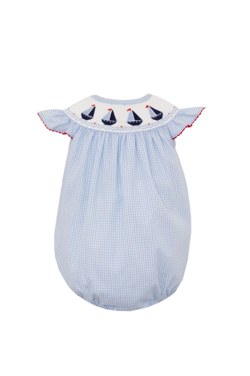 Sailboat Smocked Girl Bubble - Lt. Blue Gingham