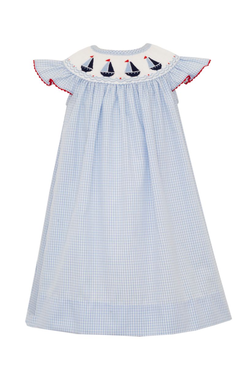 Sailboat Smocked Bishop Dress - Lt. Blue Gingham
