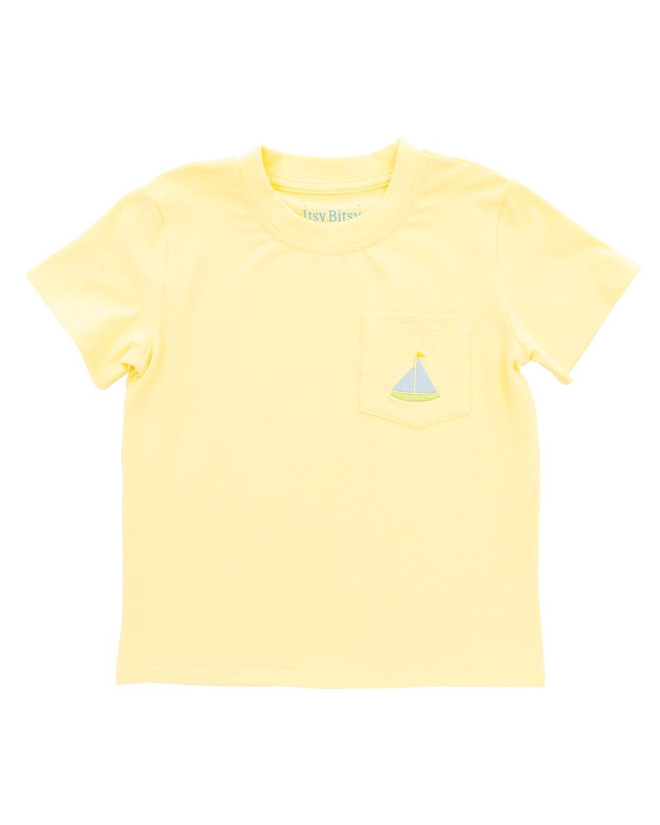 Yellow t-shirt with a sailboat embroidered on the pocket