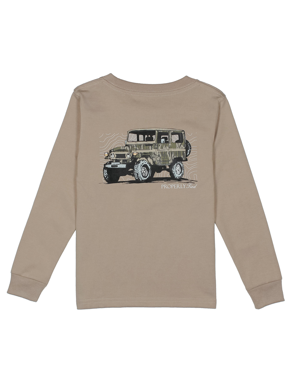 Beige long-sleeve shirt with a graphic of a camo truck on the back, on a white background