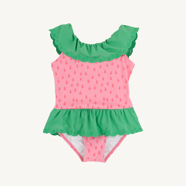 Pink and green children's swimsuit with ruffled details with a strawberry design