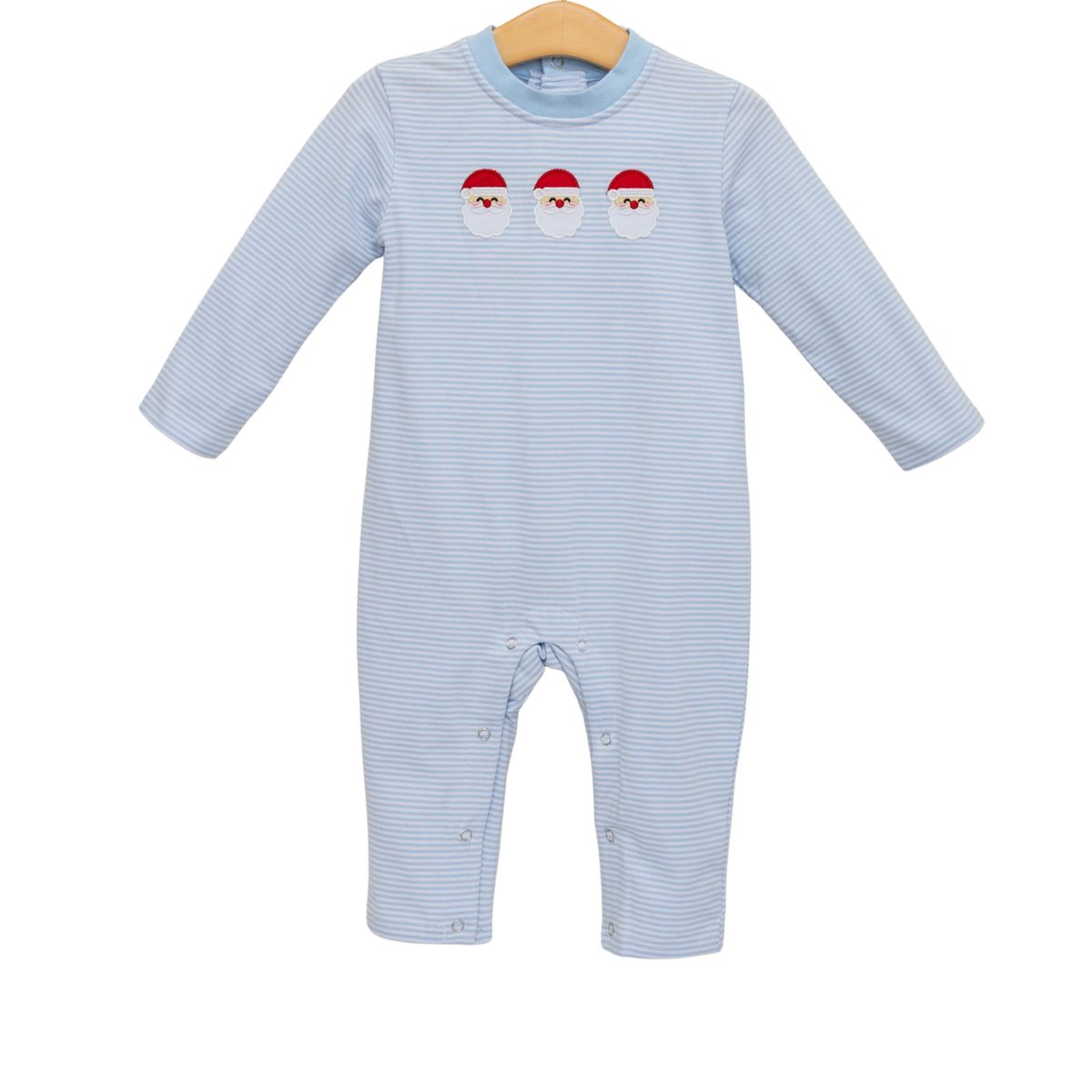 Blue striped baby onesie with Santa face design on a white background