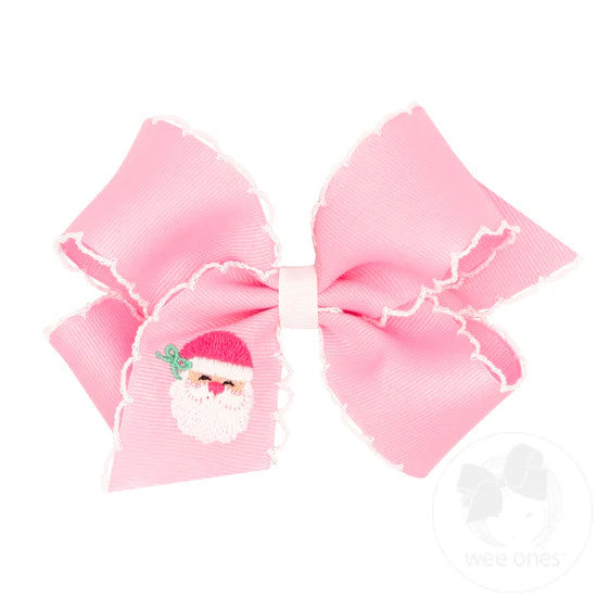 Grosgrain Hair Bow with Pink Santa Embroidery and Moonstitch Edge