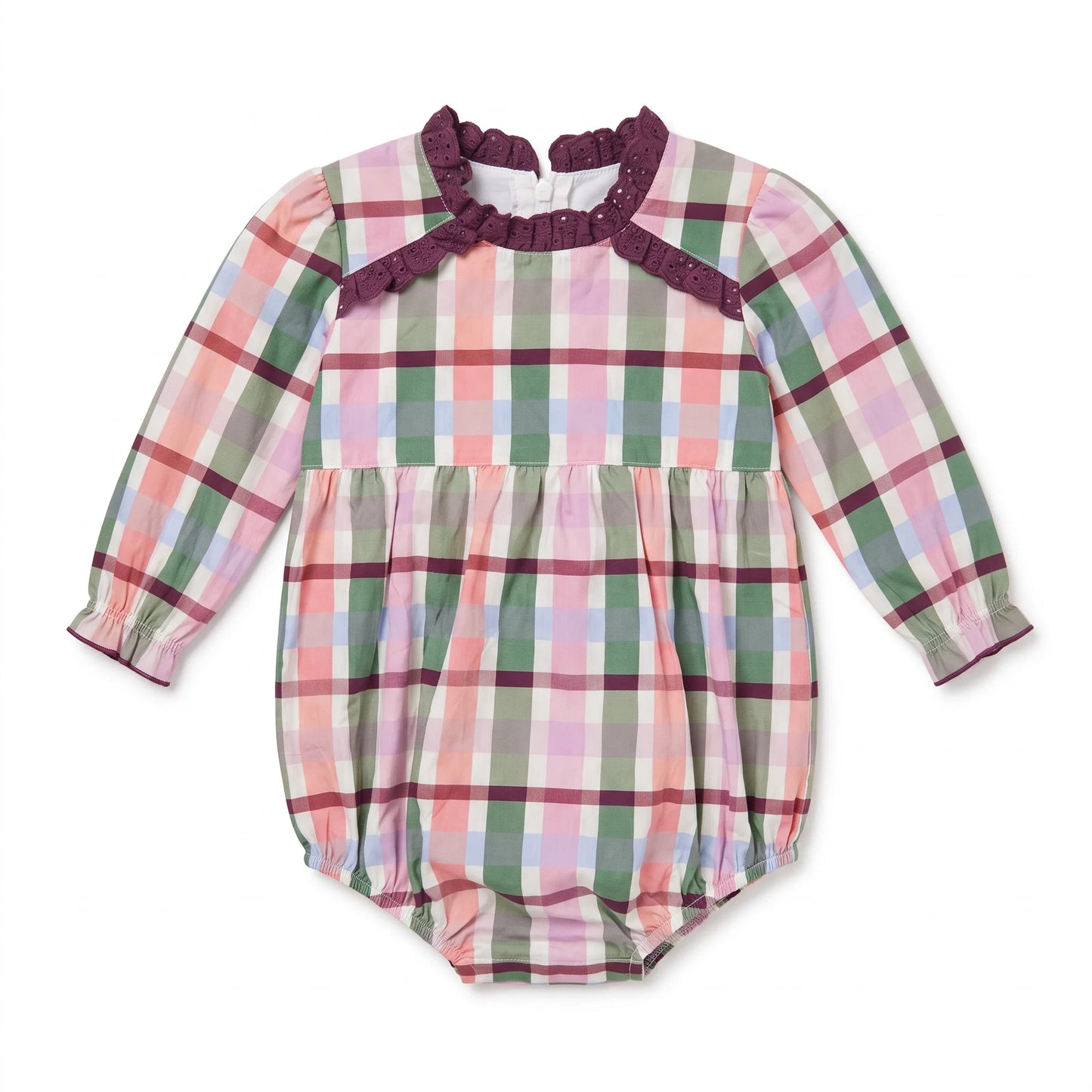 A long-sleeve baby romper with a pastel plaid pattern in pink, green, and white, featuring a dark purple ruffled collar.