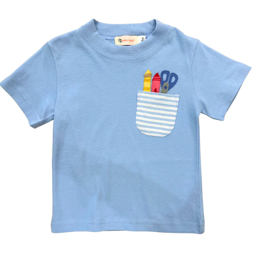 Light blue short sleeve tshirt with a striped pocket holding a school supplies applique.