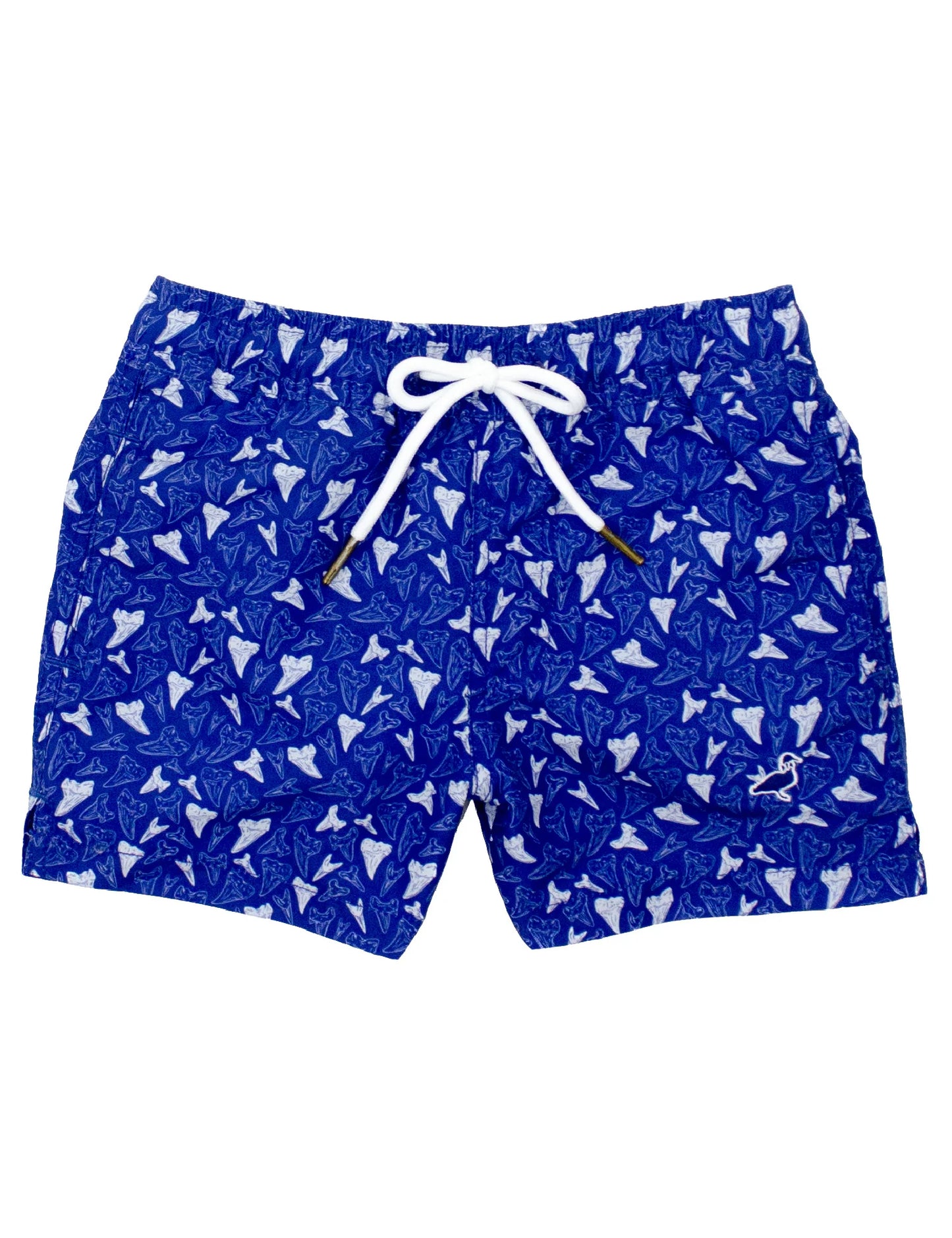 Blue swim shorts with a white shark tooth pattern.