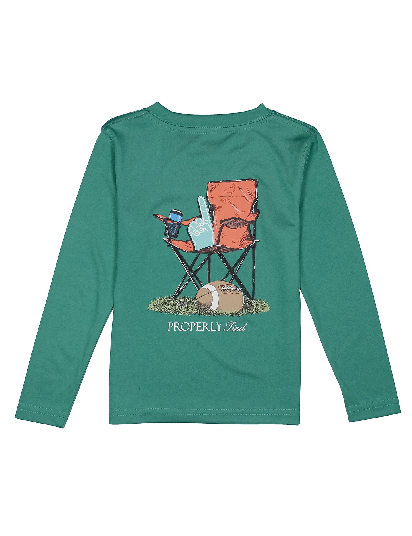 Green long-sleeve shirt with a graphic of a chair, cooler, and football