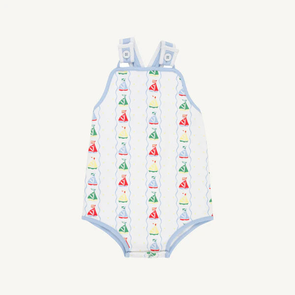 Boys white bubble with blue trim and sailboat pattern all over