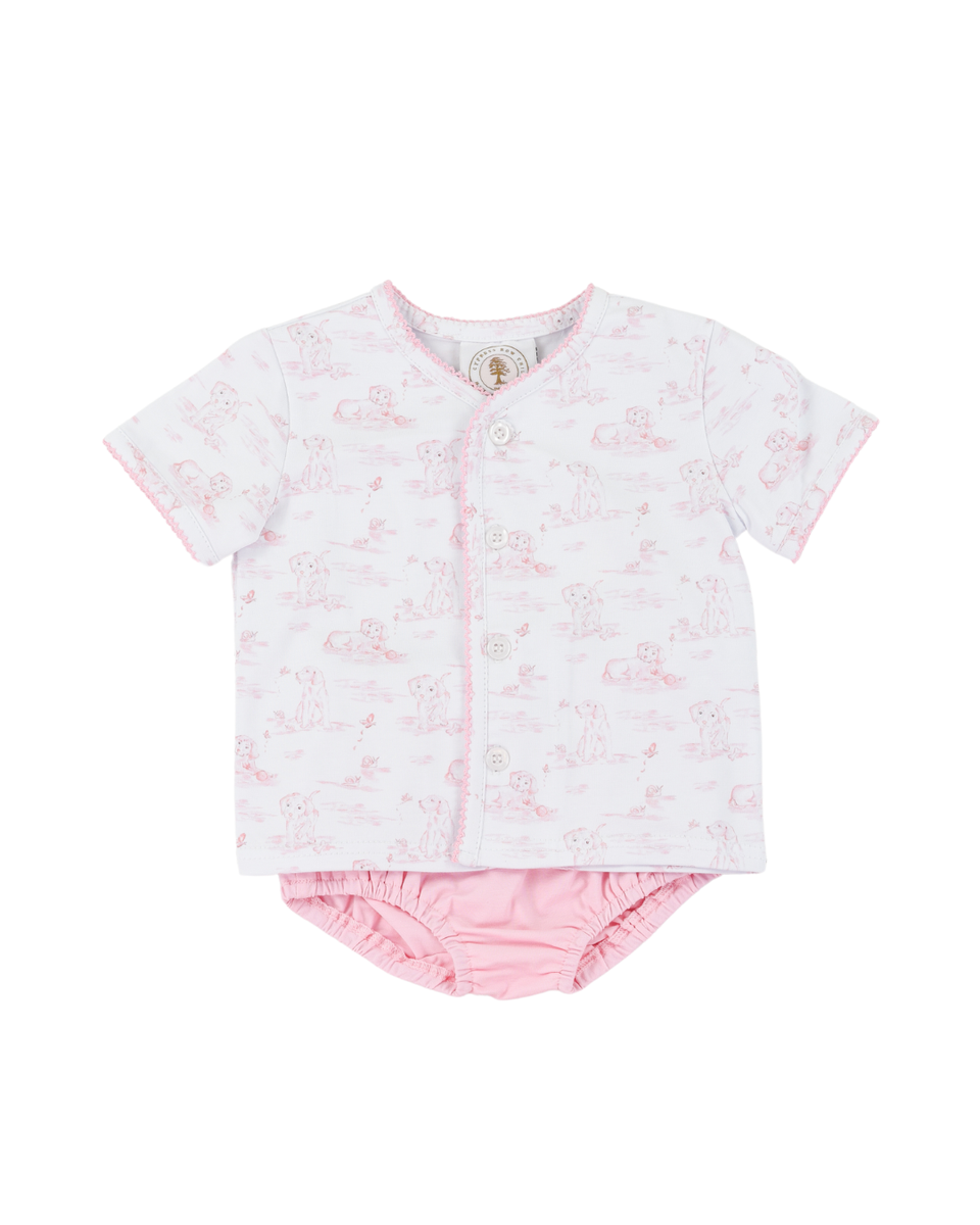 Baby girl pink bloomer set with doggie pattern.