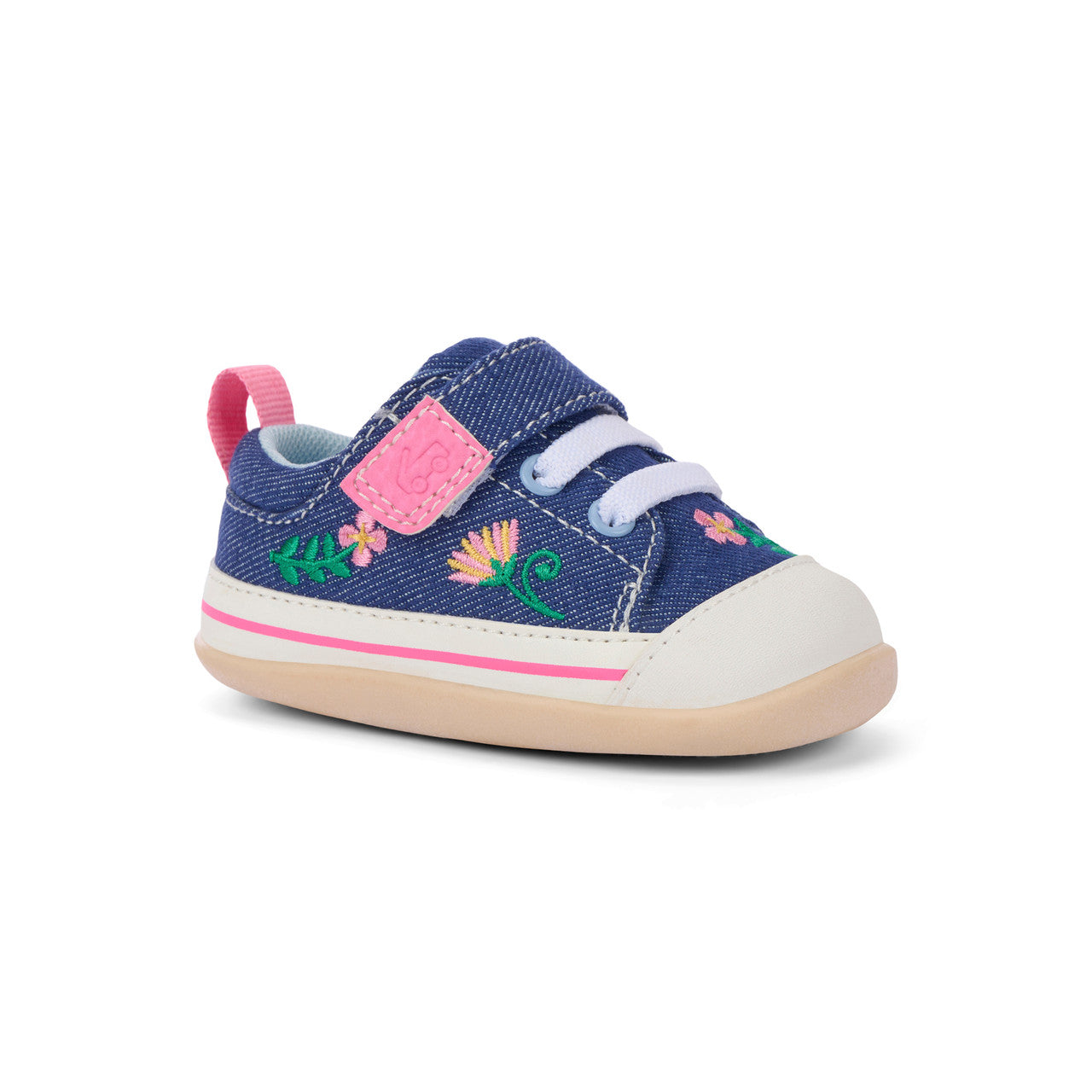 Navy blue children's shoe with floral design on a white background