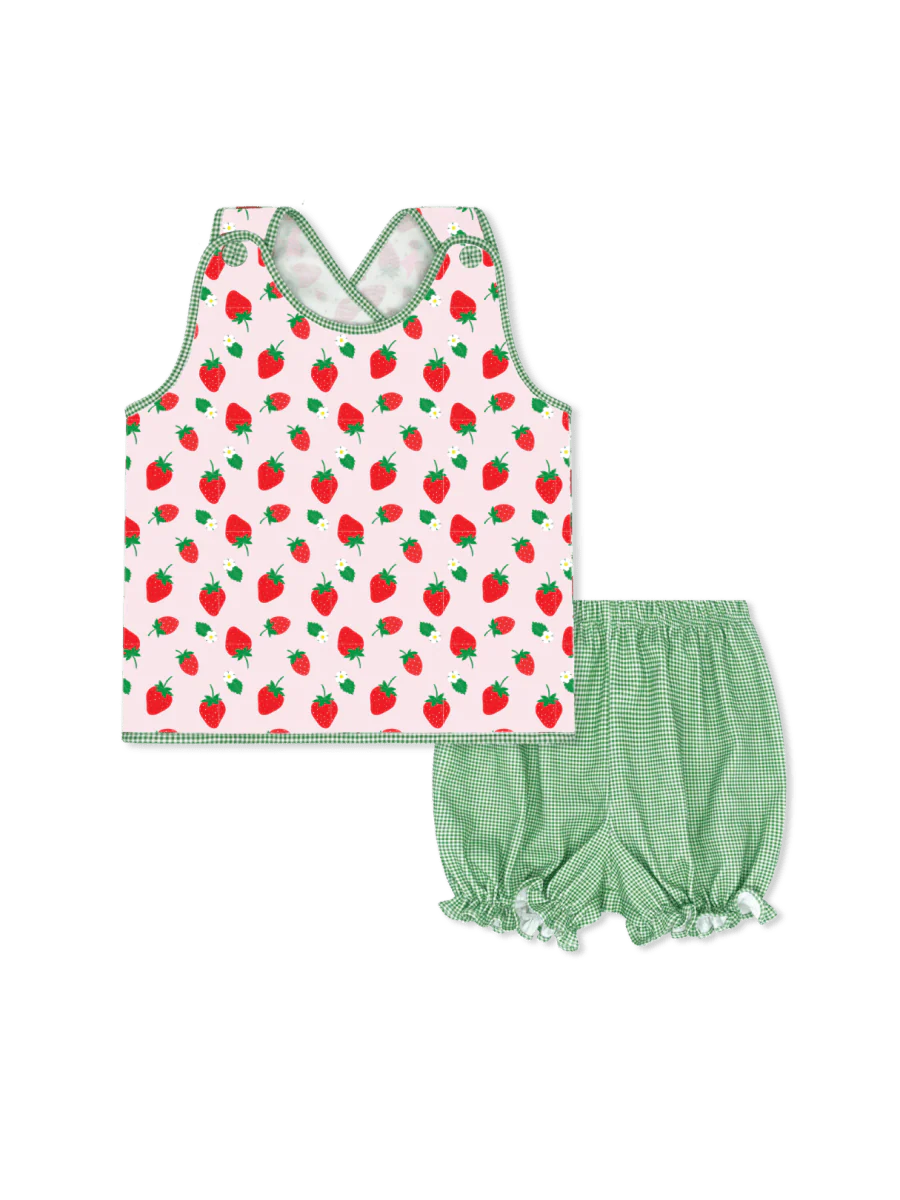 strawberry bloomer set with green check shorts