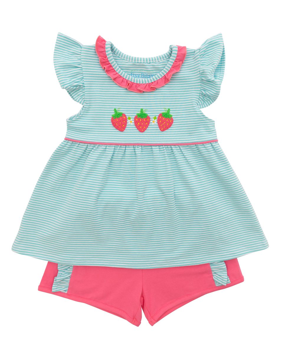Short set with blue white stripes with embroidered strawberries with pink shorts