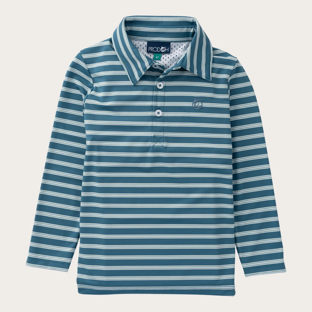 Blue and white striped long-sleeve polo shirt on a light gray background