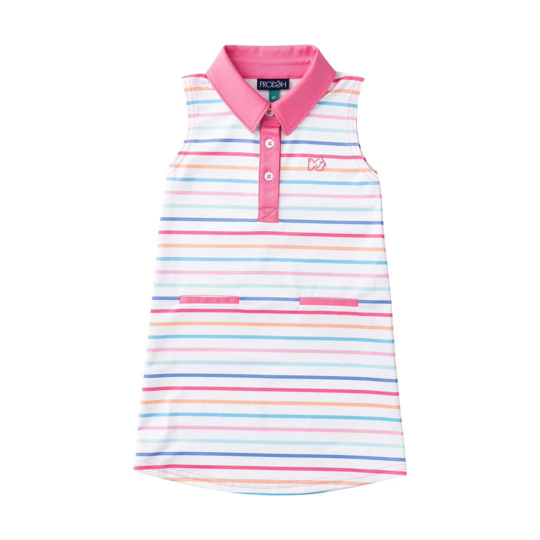 Striped athletic dress with a pink collar on a white background
