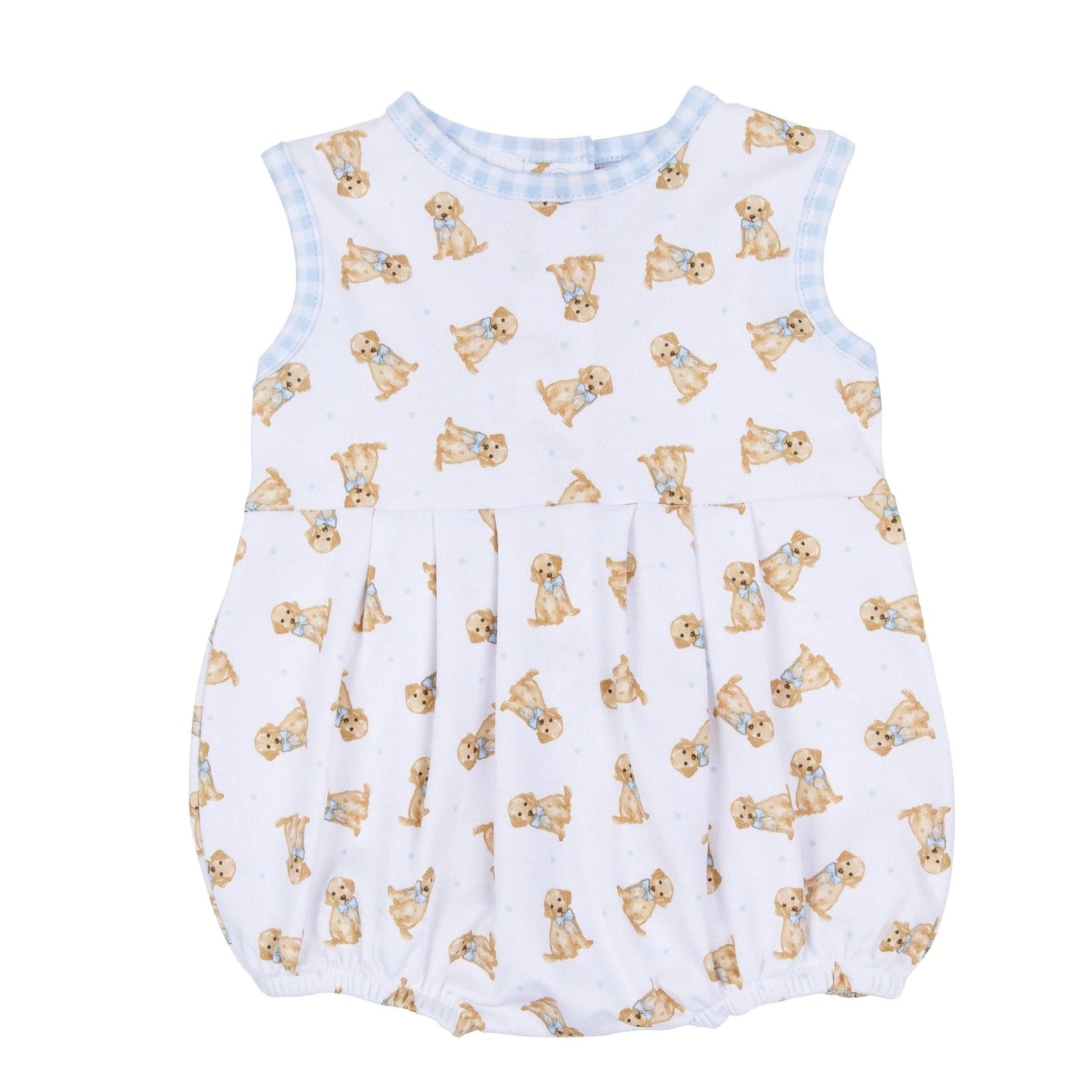 Pleated sleeveless bubble with golden retriever pattern and blue gingham trim.