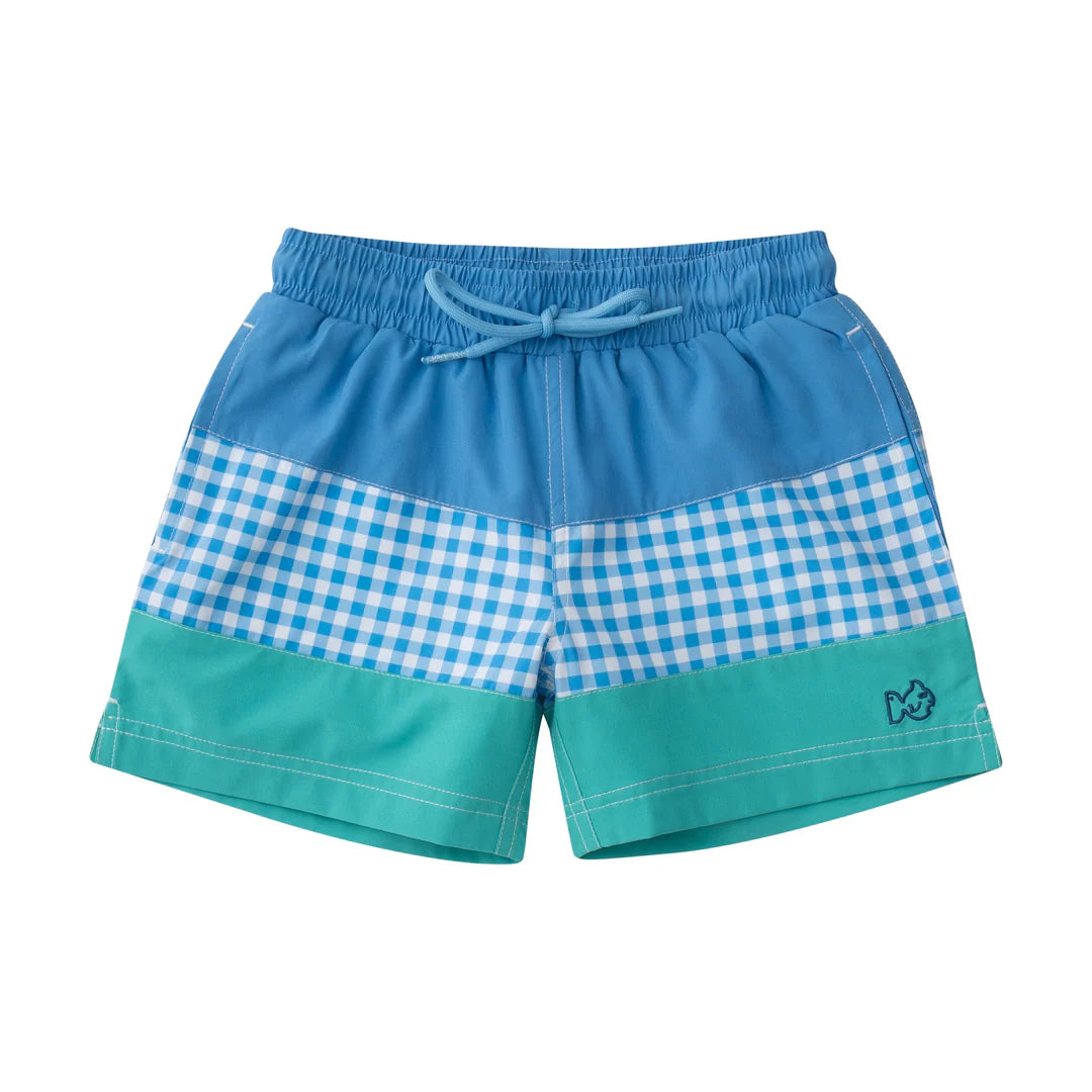 Boogie Board Swim Trunk in Marina Blue Gingham and Atlantis Green Colorblock