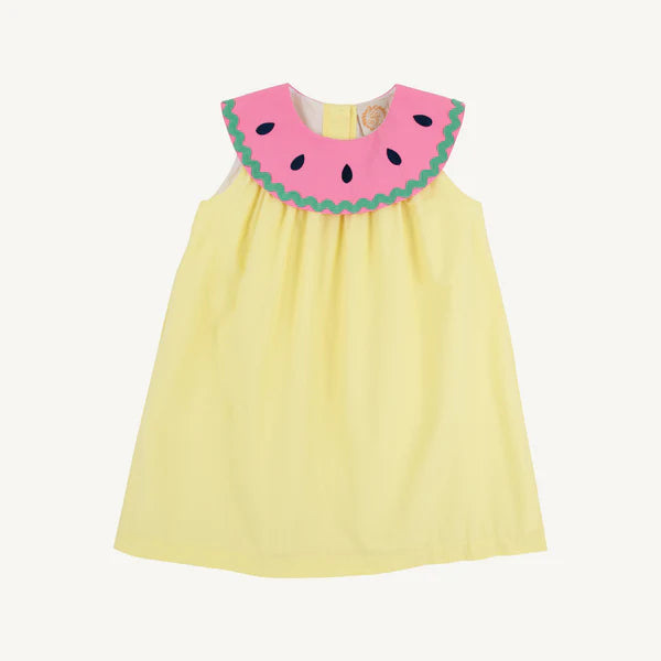 Yellow dress with pink watermelon design around collar