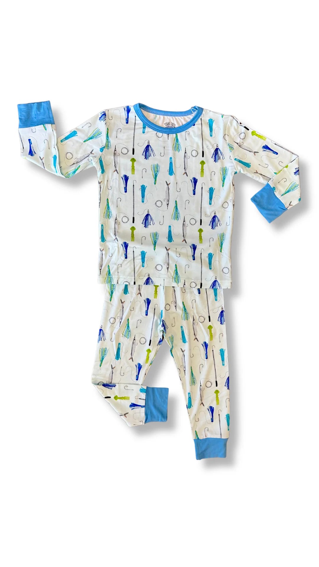 A two-piece children's pajama set featuring a long-sleeve top and matching pants. The pajamas have an off-white background with a pattern of colorful fishing rods in blue, green, and yellow, finished with solid blue cuffs and collar.