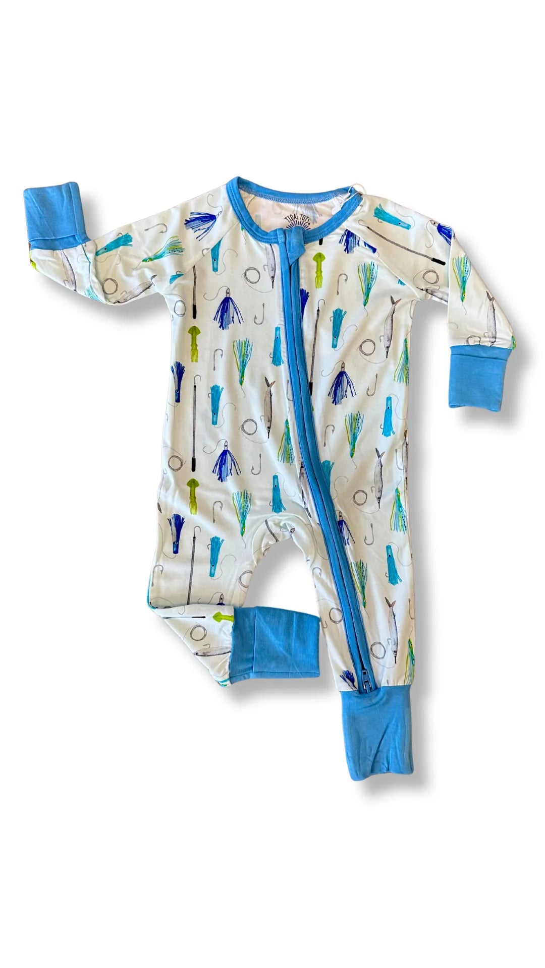 A baby's long-sleeve footed sleeper with a front zipper, featuring a cream background with a pattern of blue and green fishing hooks and blue cuffs, collar trim, and foot cuffs.