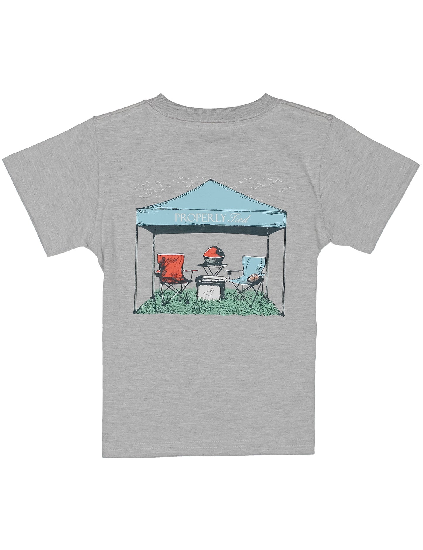 Gray t-shirt with a graphic of a tent and camping chairs on a white background