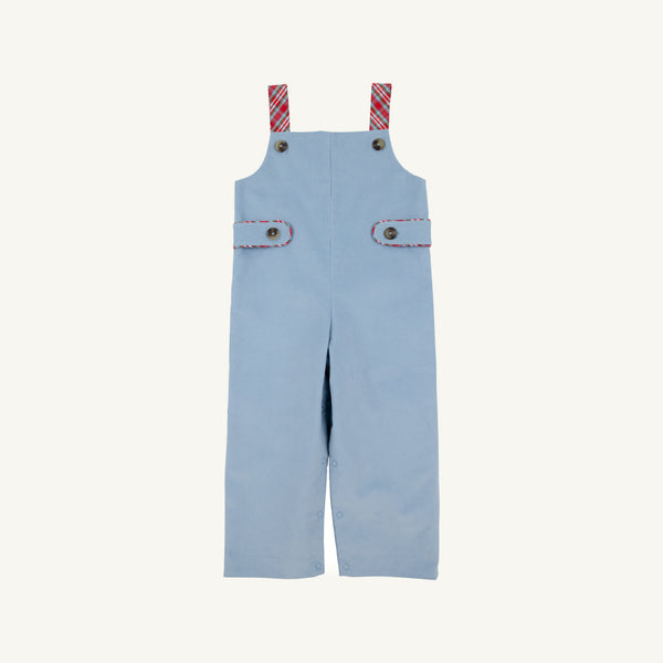A pair of light blue corduroy baby overalls with red and white striped shoulder straps and decorative button details, shown flat on a light cream background.
