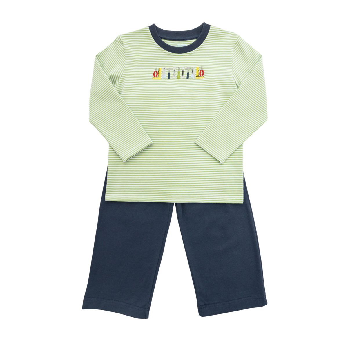 A children's two-piece pant set featuring a light green and white striped long-sleeve top with a navy blue crew neck and colorful tools across chest paired with solid navy blue pants, shown on a plain white background.