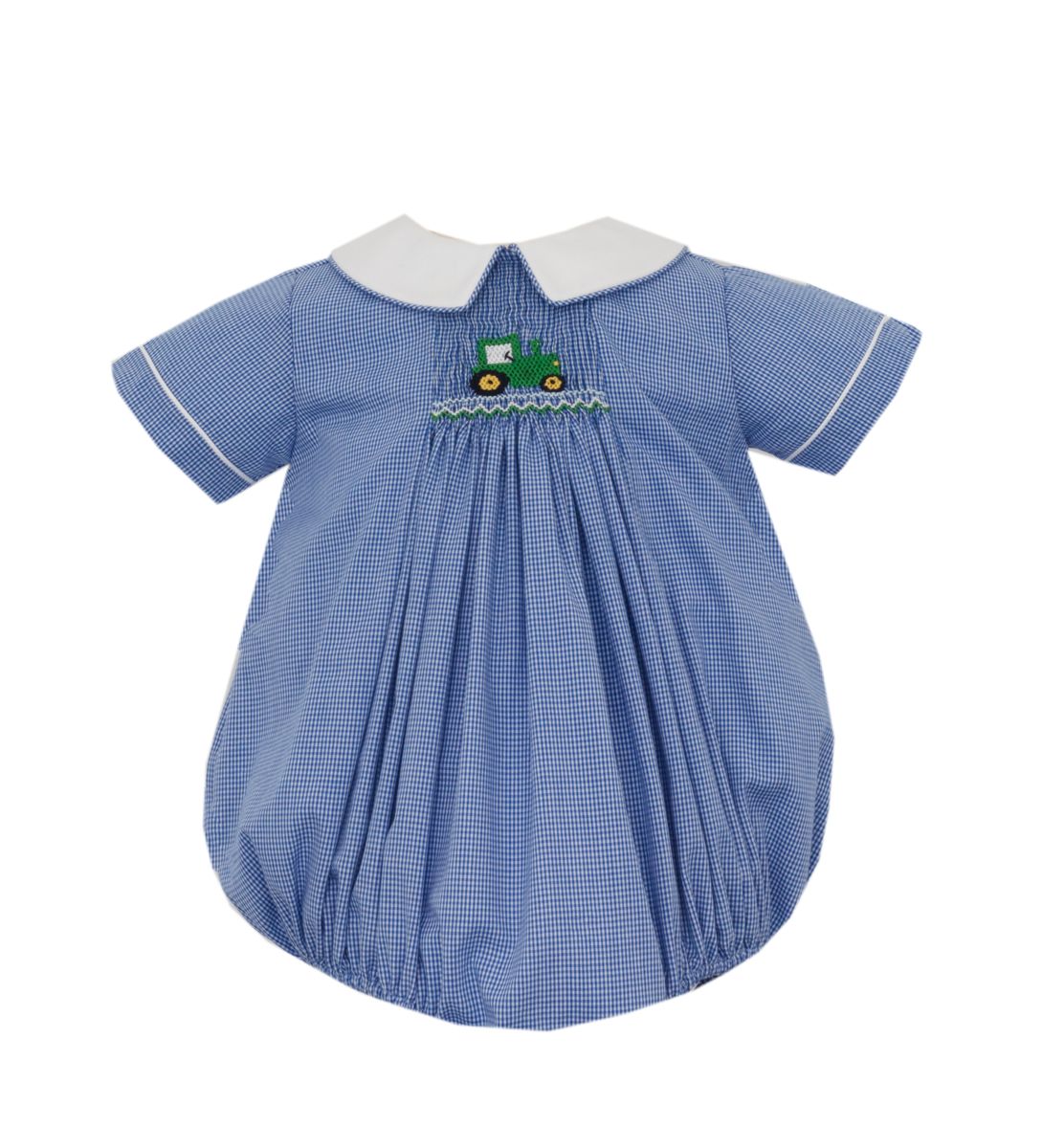Blue checkered baby bubble with white collar and green embroidered tractor design on a white background