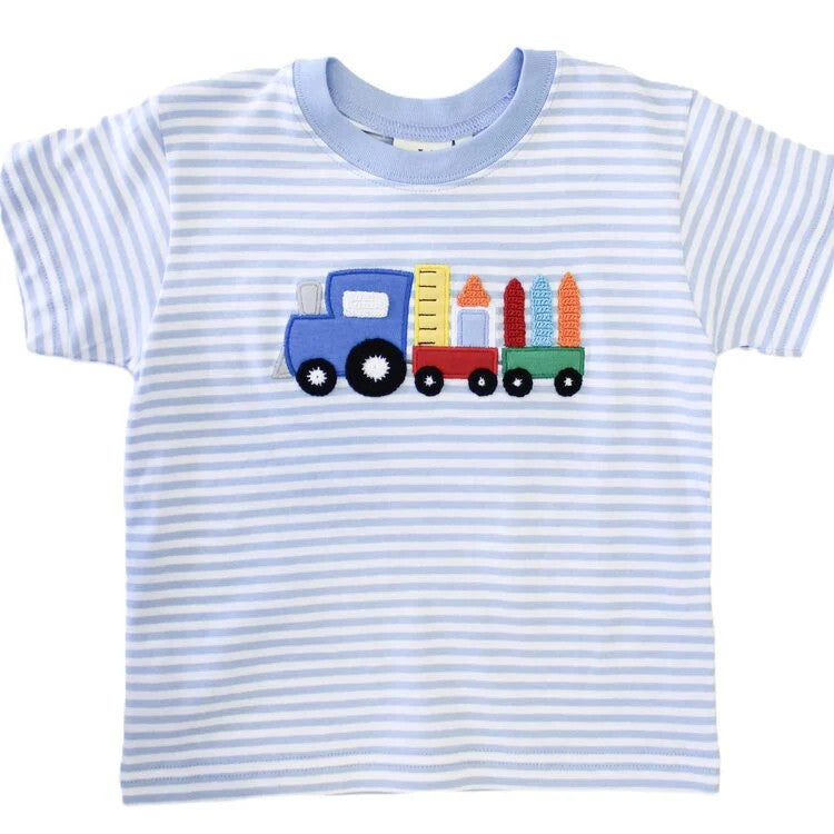 Light blue striped short sleeve tshirt with an applique of a train holding school supplies.