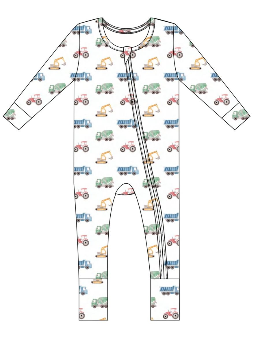 Bamboo Pajama Convertible Romper with vehicle print on a white background