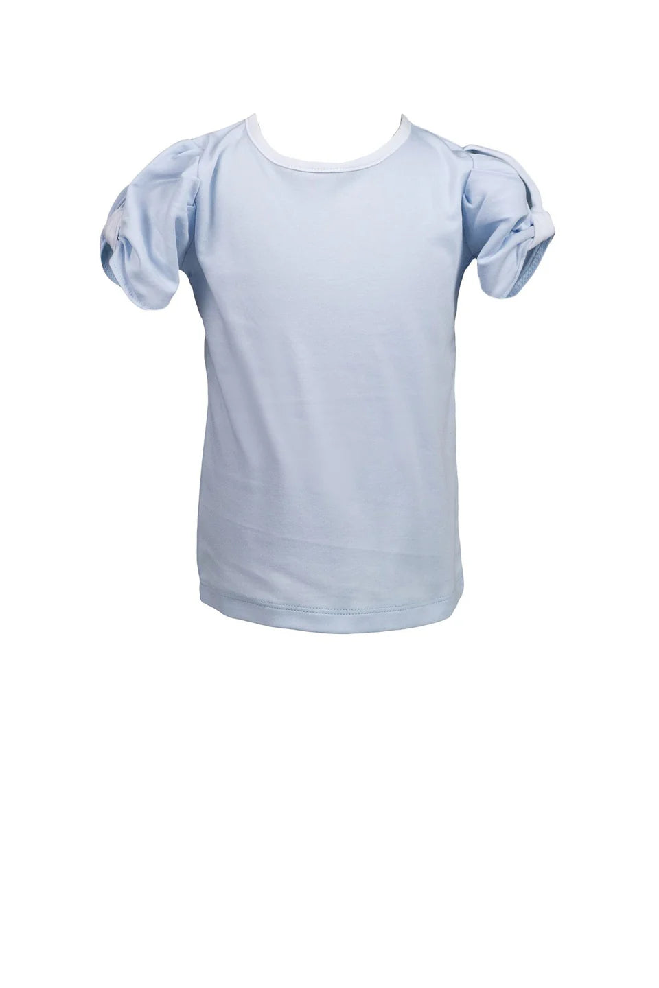 Light blue pullover shirt with twist sleeve detail.
