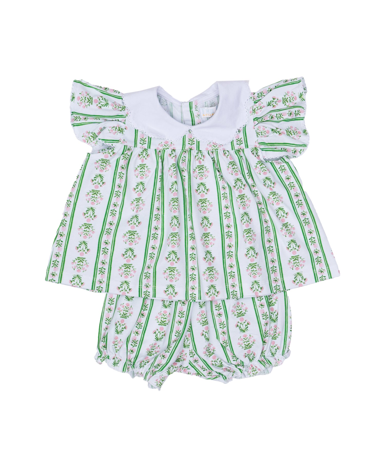 Green/pink and white baby bloomer set with floral pattern with a white collar