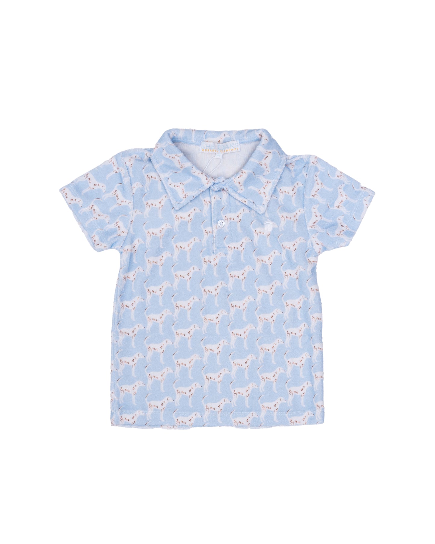 Light blue polo shirt with dog pattern and collar with three buttons.