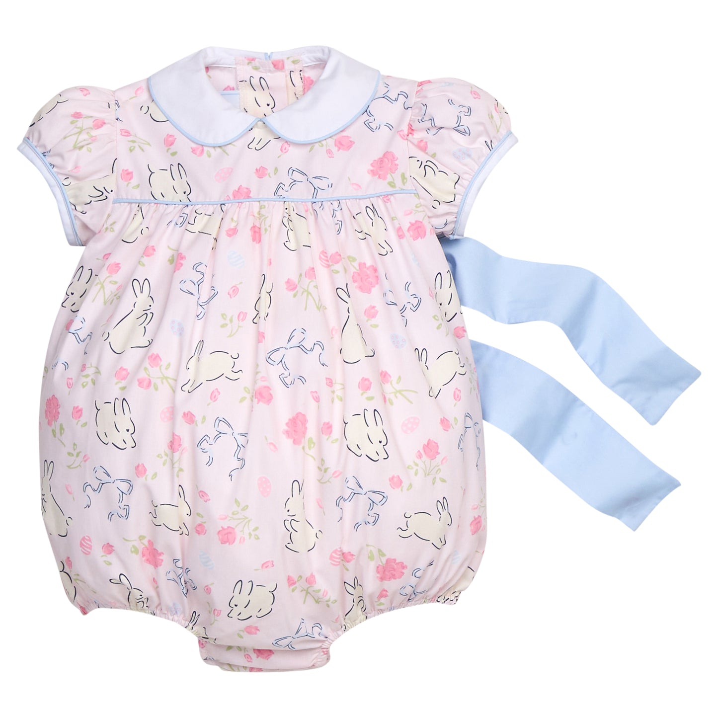 Pink baby bubble with bunny pattern and with blue bow that ties in the back