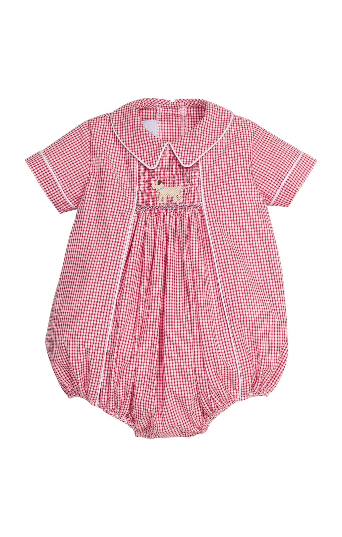 Red and white checkered baby boy bubble with a lab smocked design on chest