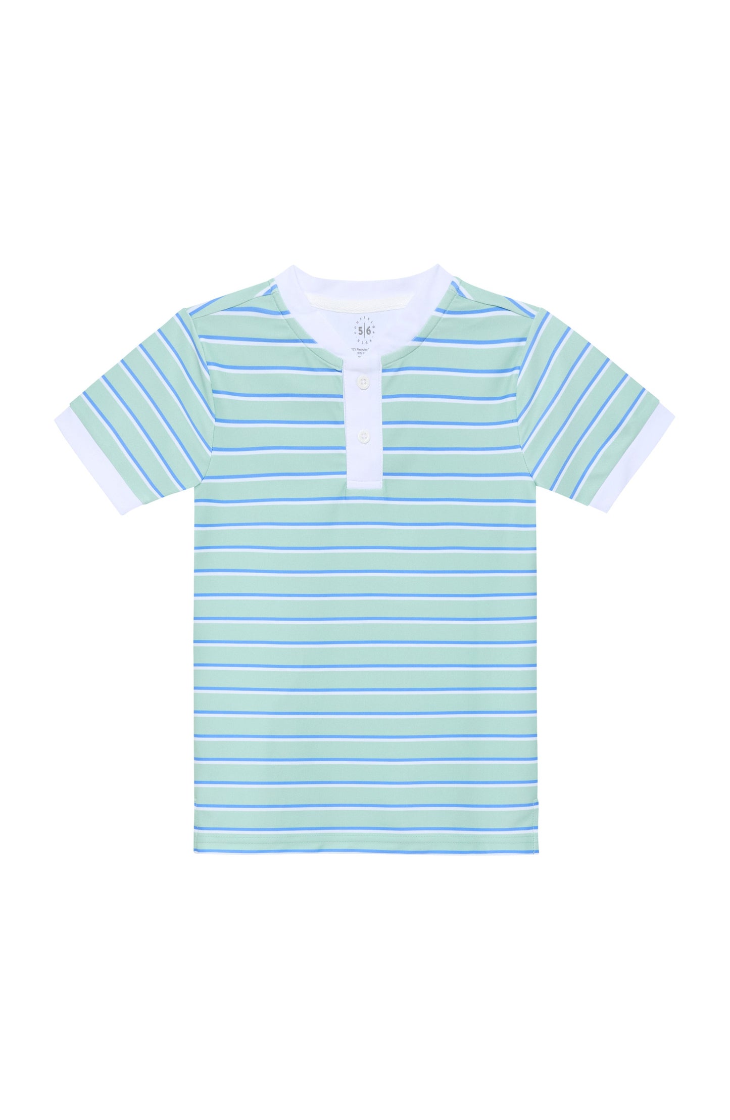 Green and Blue Striped t-shirt with a collar and three buttons