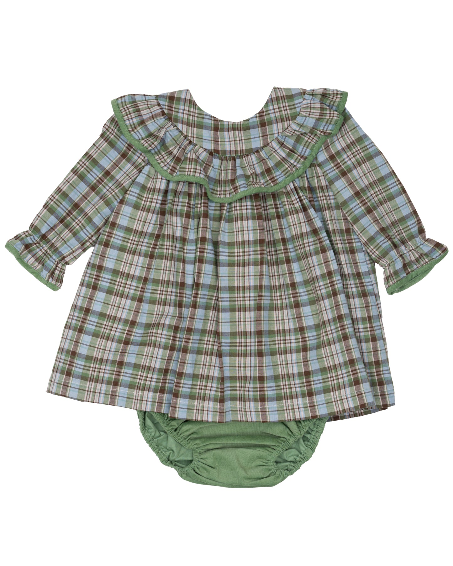 Green and brown plaid bloomer set with matching green velour bottoms