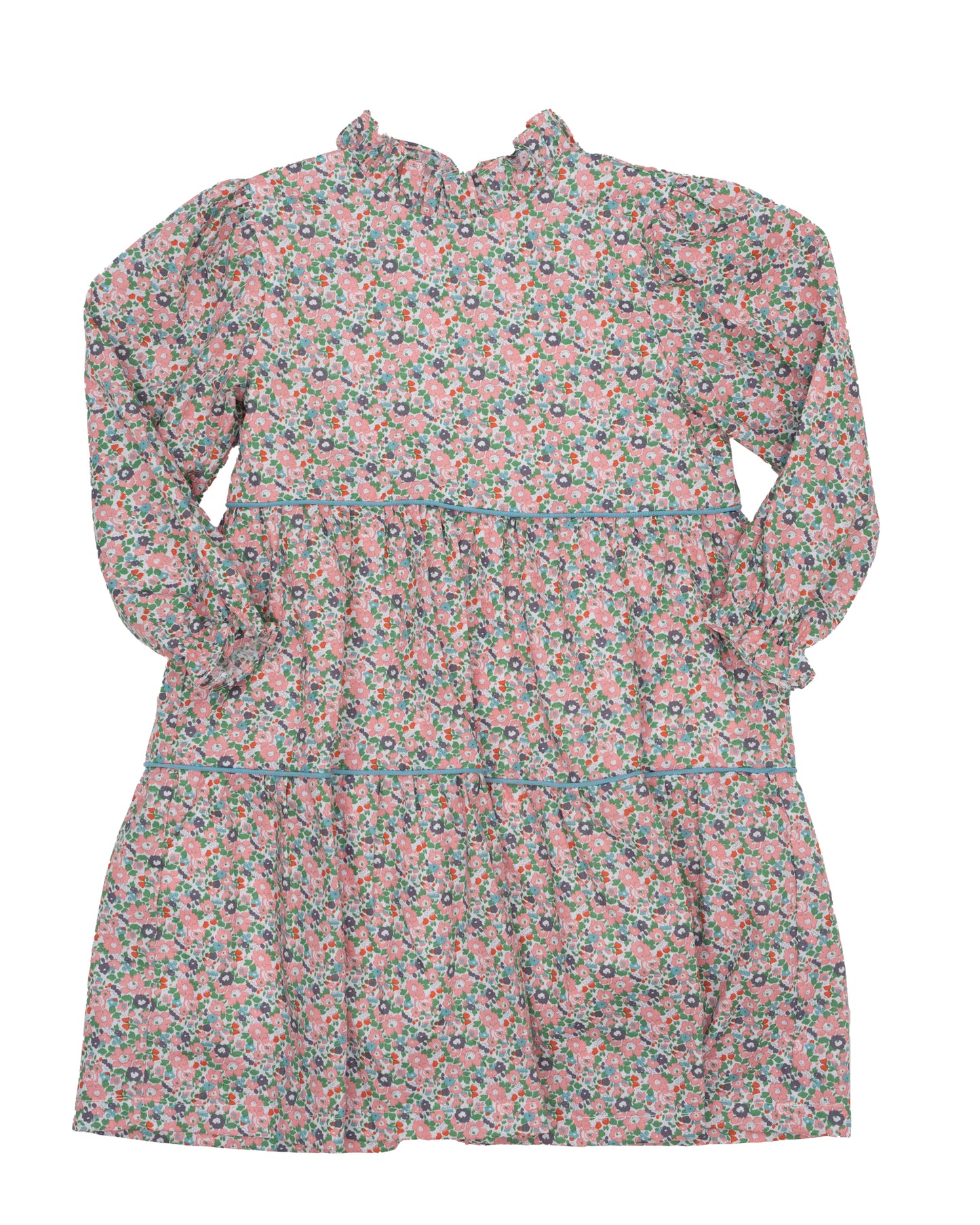 A long-sleeve tiered dress with a small floral pattern in muted pink, beige, and brown tones with a ruffle collar and blue trim.