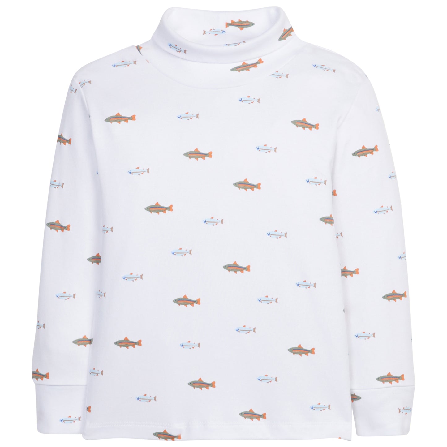 White turtleneck sweater with fish pattern on a white background