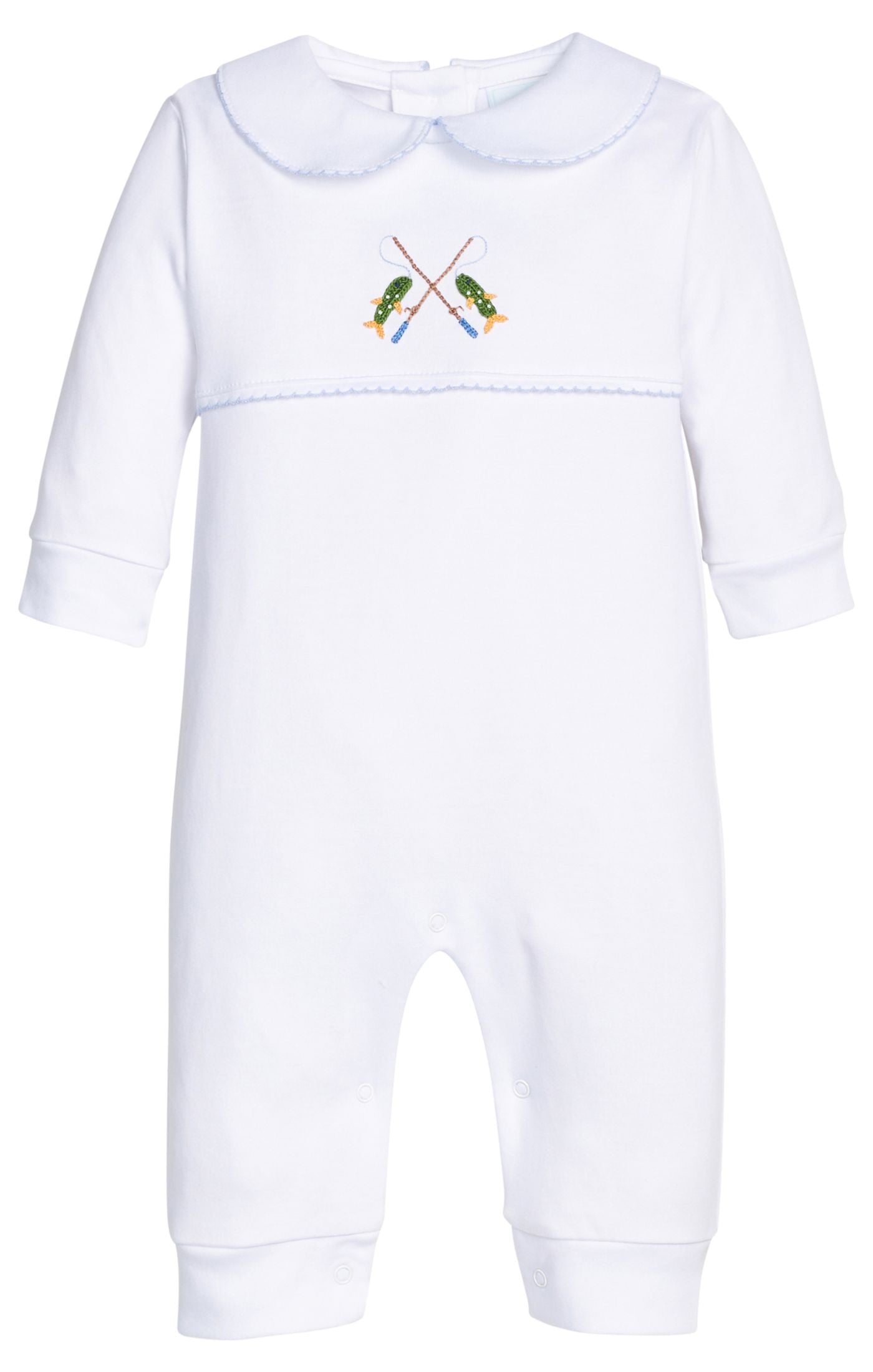White baby romper with embroidered fishing rod design on a white background