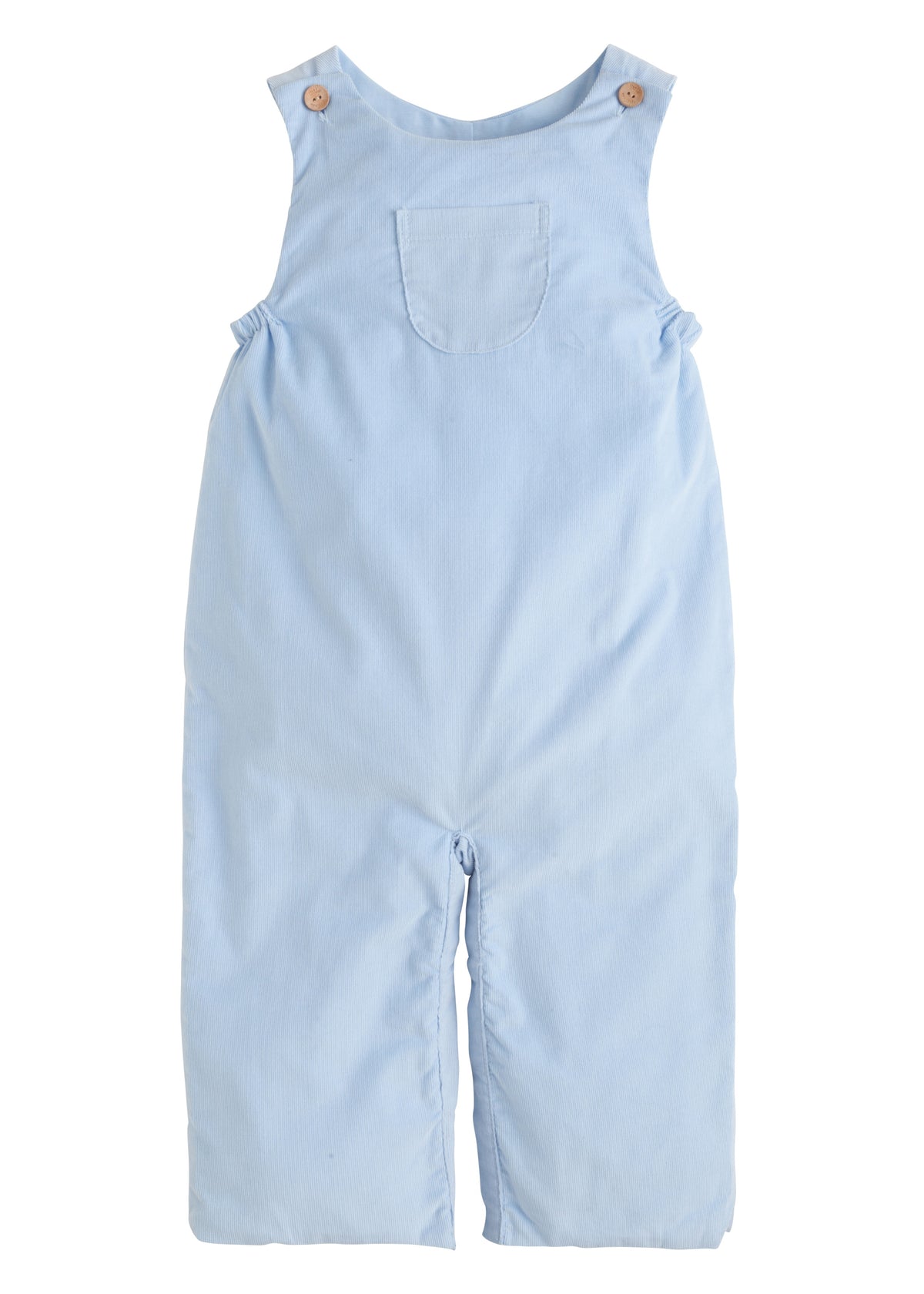 A light blue corduroy baby overall romper with adjustable shoulder straps and a front chest pocket, shown flat on a white background.