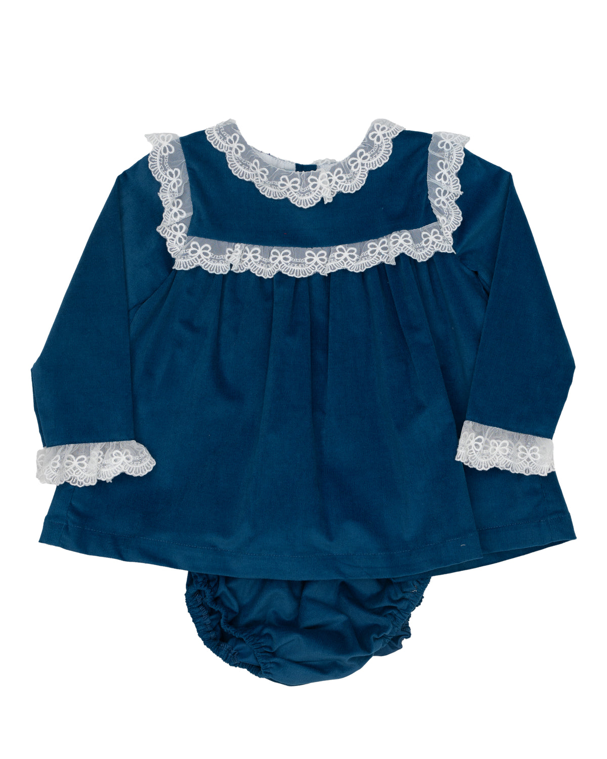 A baby girl's two-piece outfit featuring a long-sleeve smocked top in dark teal blue with white lace trim, and matching dark teal bloomers.