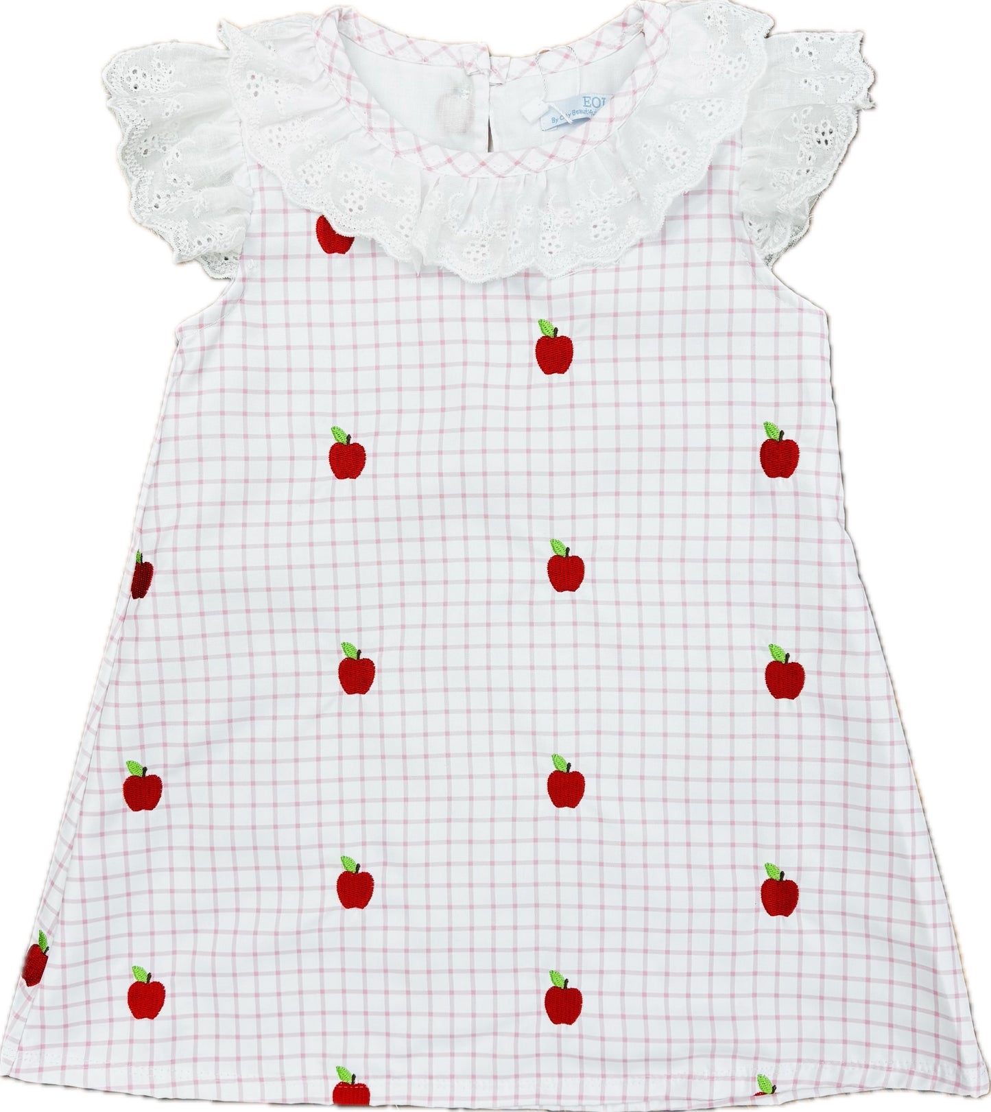 Pink and white checked dress with lace trim around the collar and sleeves and an embroidered apple pattern.