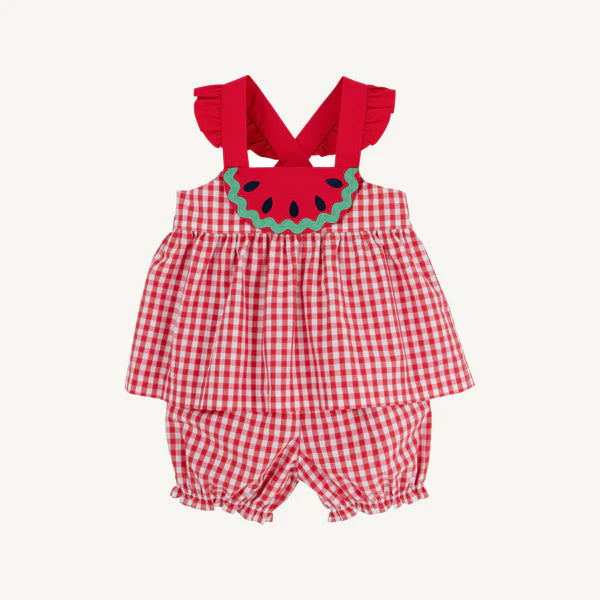 Red check bloomer set with watermelon design on front with red straps