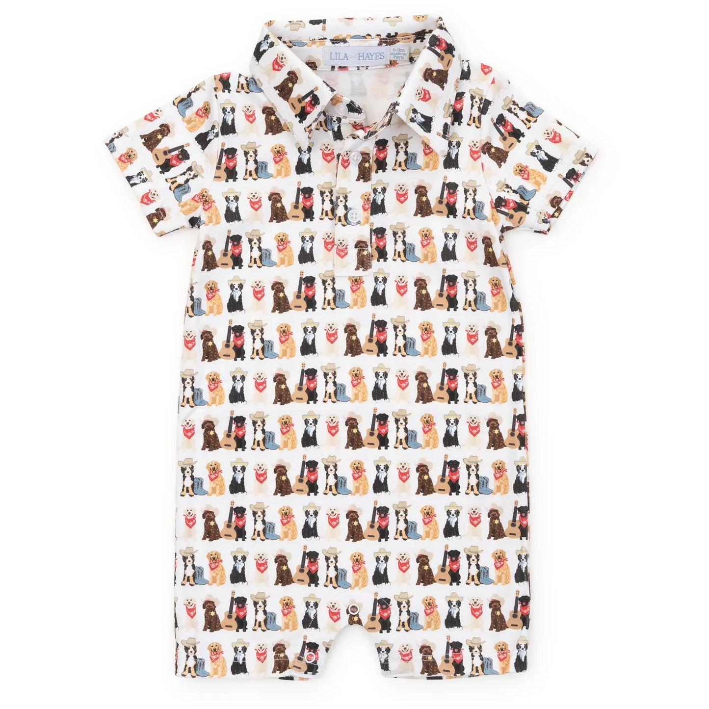A baby short-sleeve romper with a white base and an all-over repeating print of various dog breeds and red hearts, laid flat on a white background.
