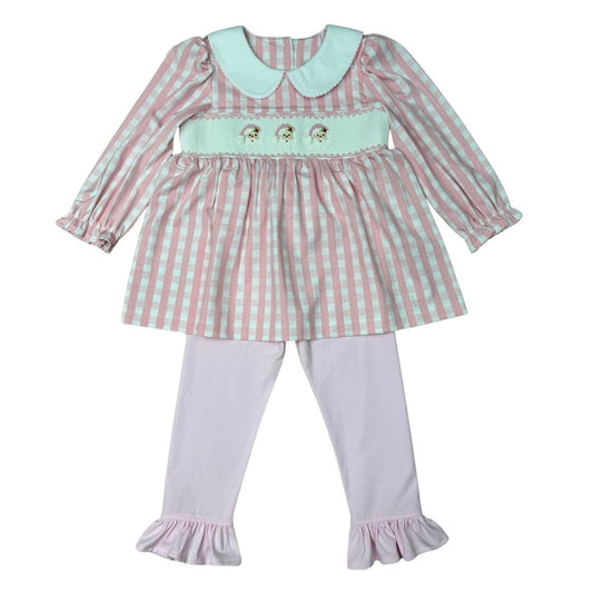Pink Gingham Smocked Santa Pant Set